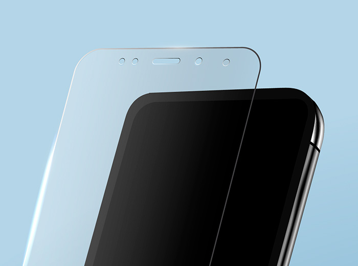 Foto einer präzise geschliffenen Displayschutzfolie für ein Mobiltelefon, hergestellt aus hochfestem Glas