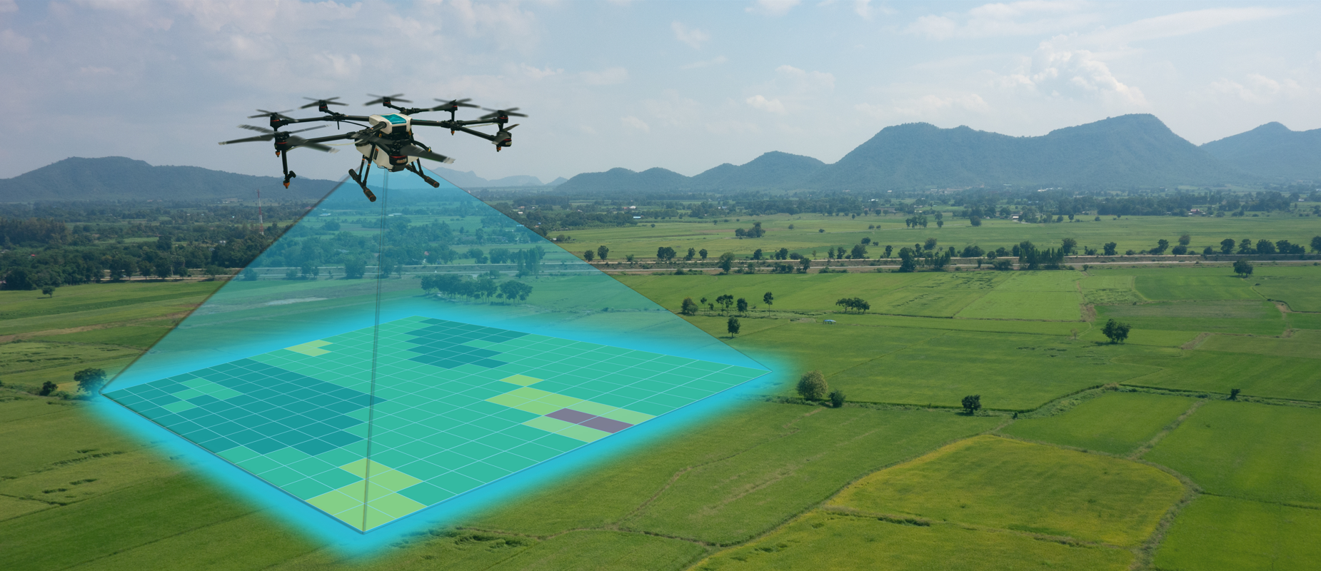 Illustration einer Drohne, die ein Feld mit modernen Technologien analysiert
