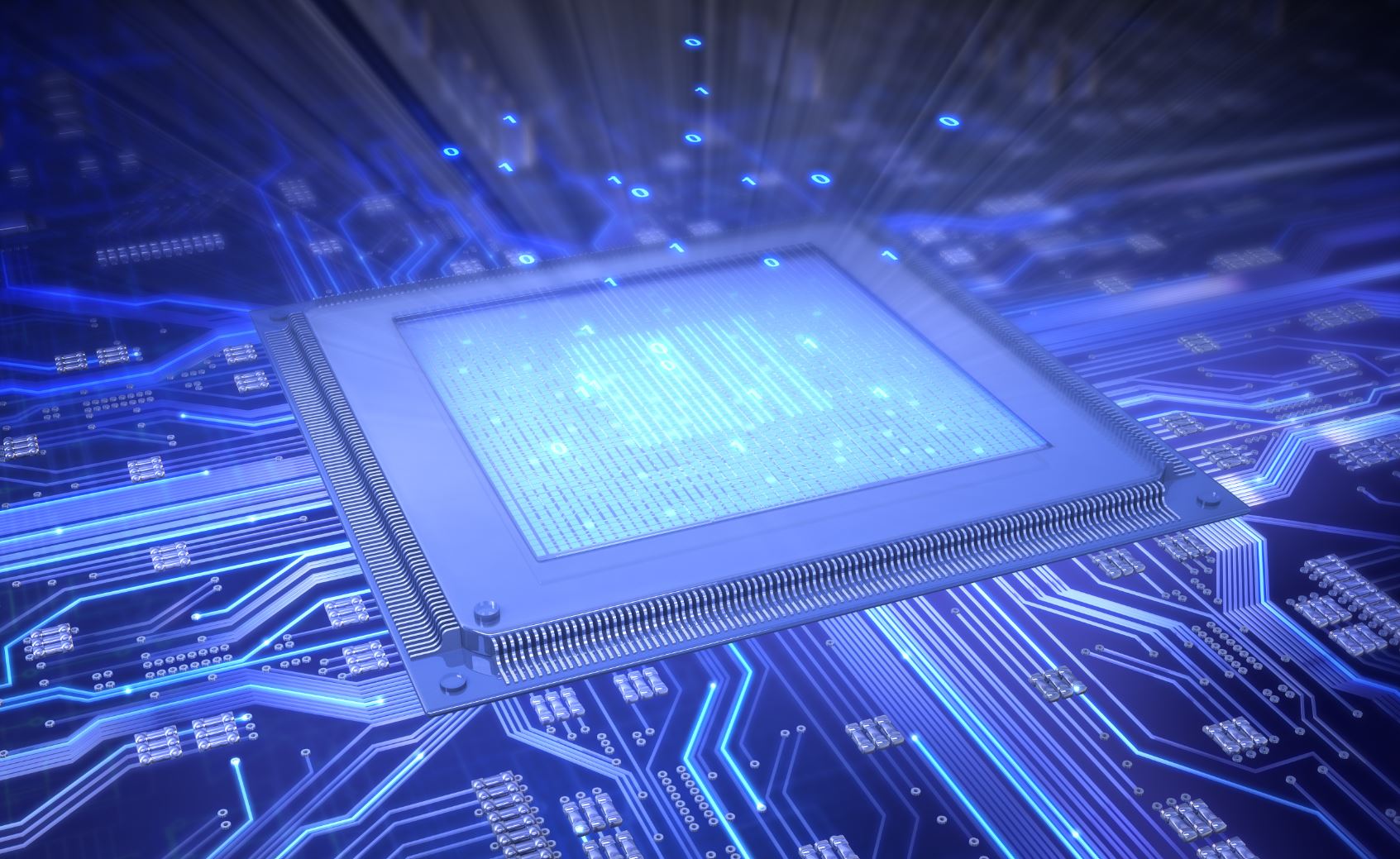 Illustration of a blue semiconductor chip on a PCB