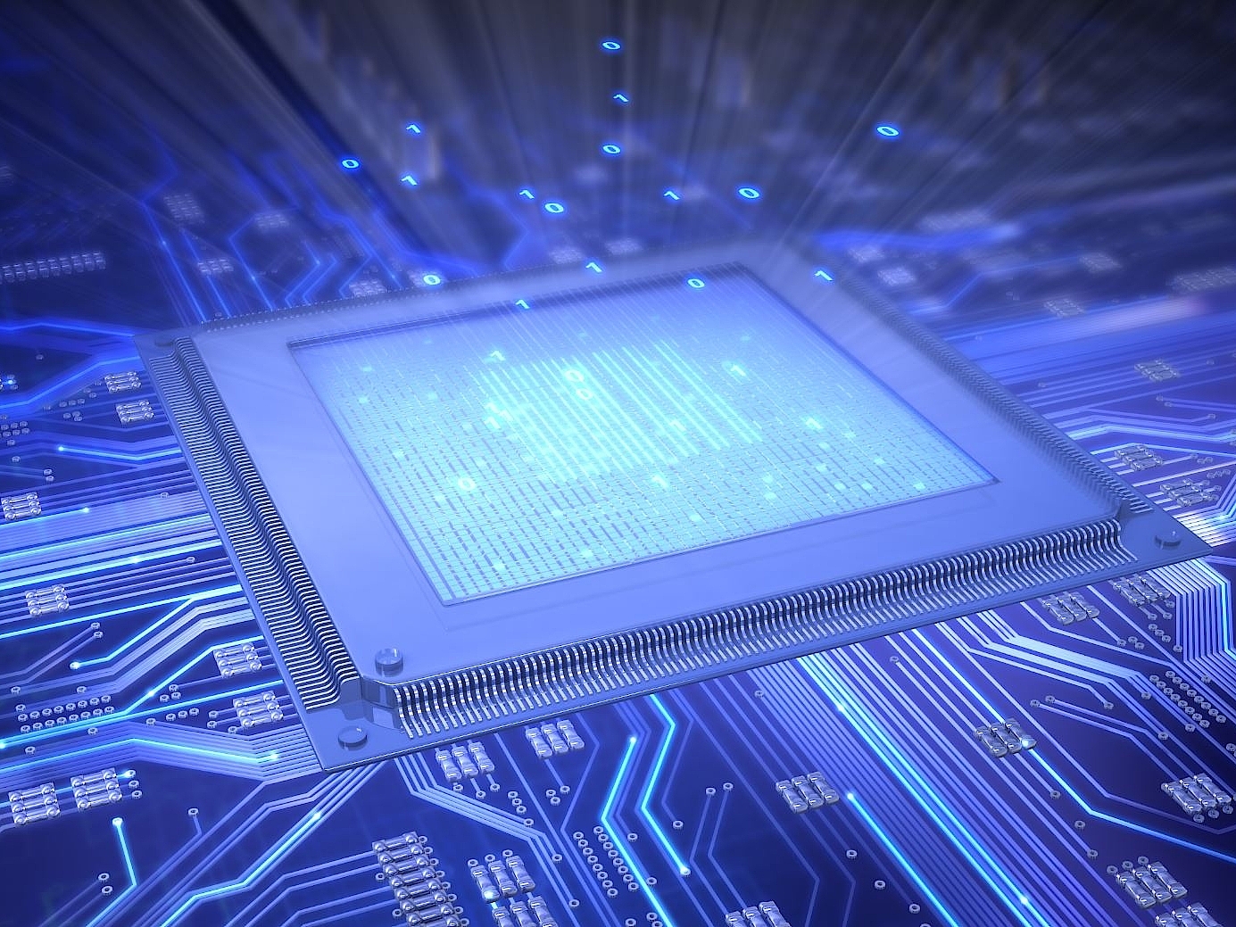Illustration of a blue semiconductor chip on a PCB