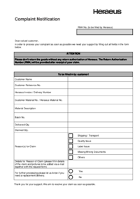 Complaint Notification Returning goods