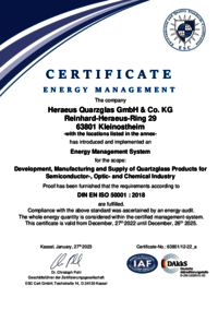 ISO Certificate 50001:2018 - HQS for Hanau, Kleinostheim